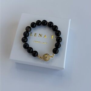 507 Black Agate Beaded Bracelet with Gold Clasp